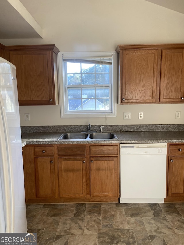 6995 Pine Shadow Way, Winston, GA 30187 - kitchen with white appliances, brown cabinets, stone finish floors, and dark countertops