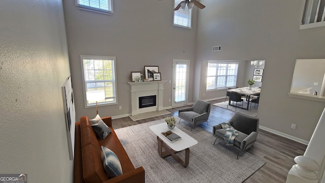 living room featuring hardwood / wood-style floors, ceiling fan, and a high ceiling