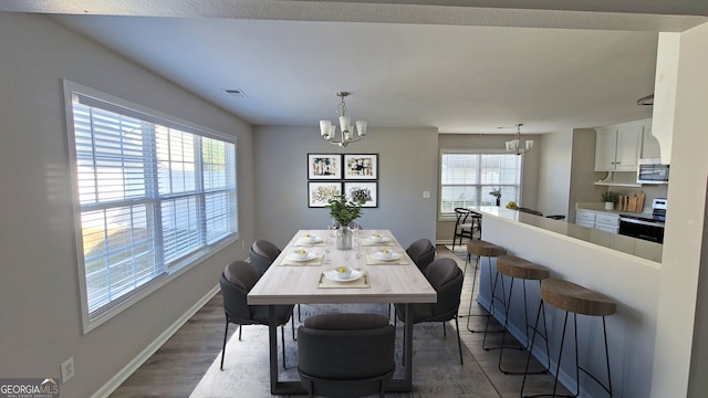 dining room featuring a wealth of natural light, an inviting chandelier, and wood-type flooring