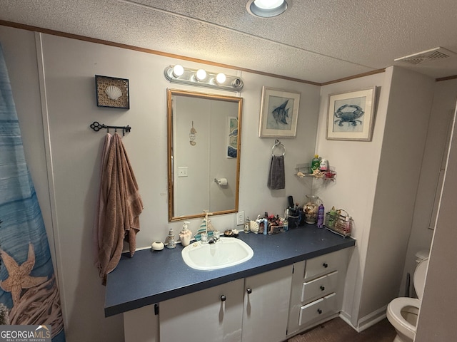 bathroom featuring vanity, toilet, and a textured ceiling