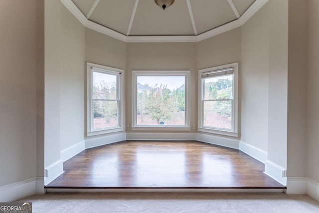 spare room featuring a wealth of natural light, ornamental molding, and hardwood / wood-style flooring