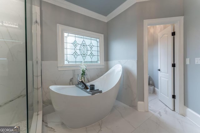 bathroom featuring tile walls, independent shower and bath, and ornamental molding