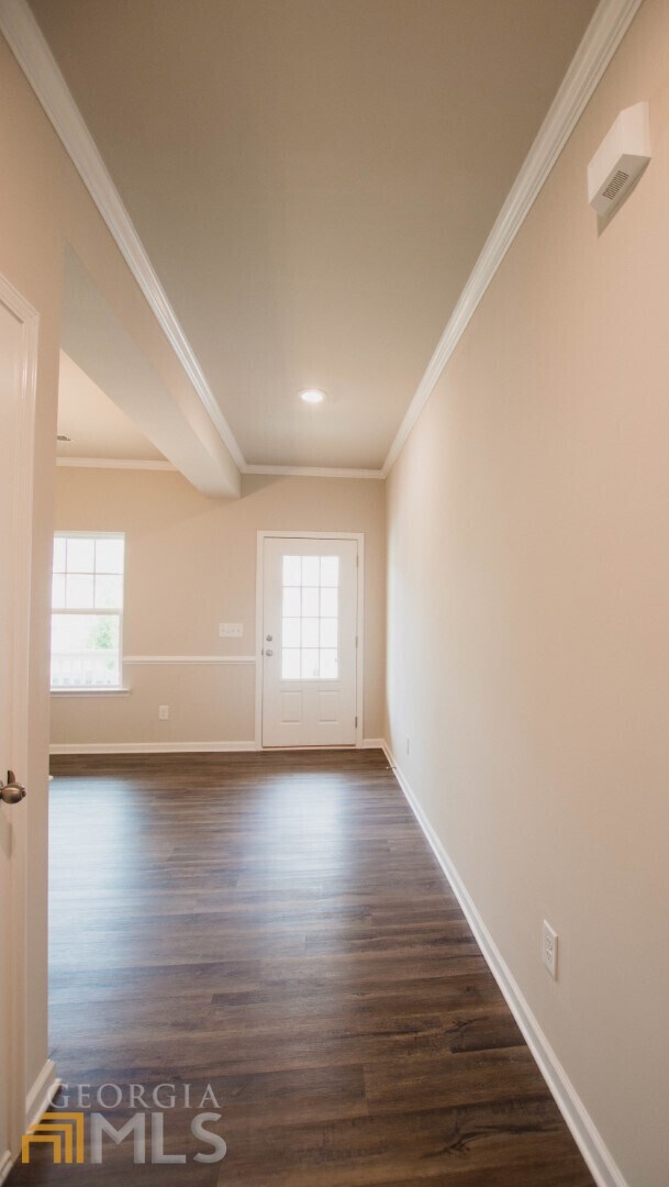 spare room featuring dark wood-type flooring, a healthy amount of sunlight, and ornamental molding