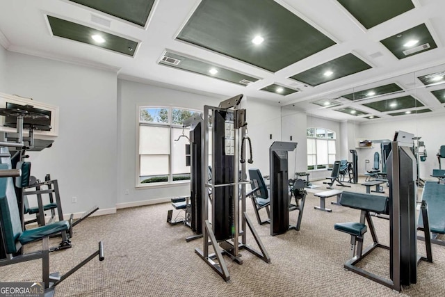 workout area with light carpet, crown molding, and coffered ceiling