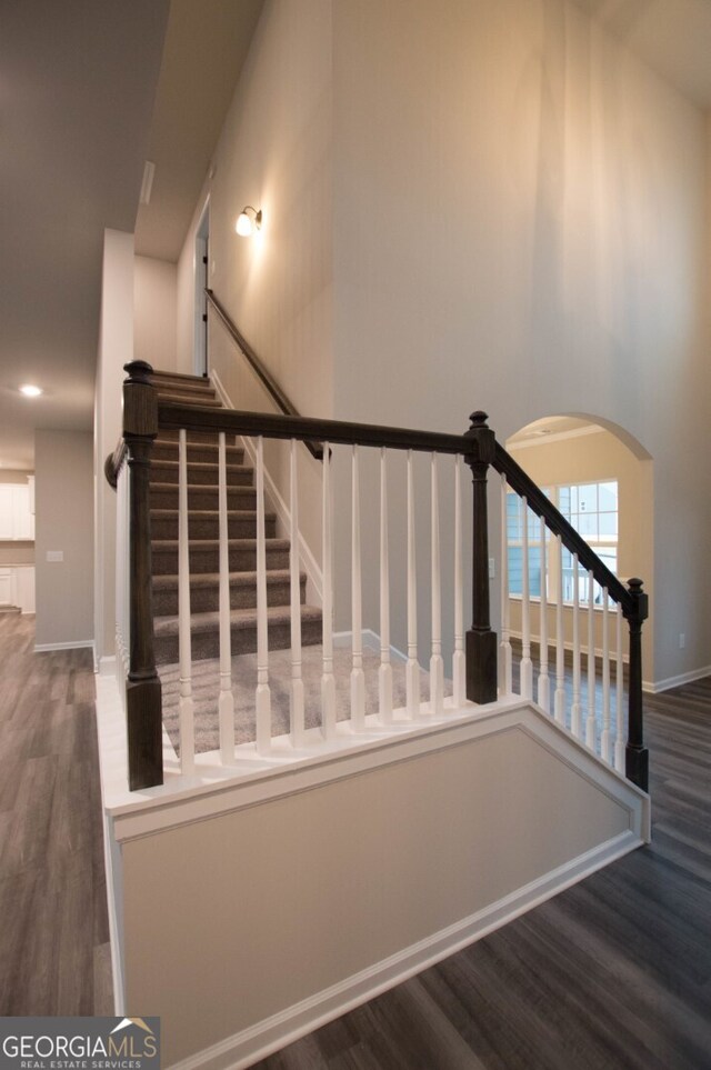 staircase with wood-type flooring