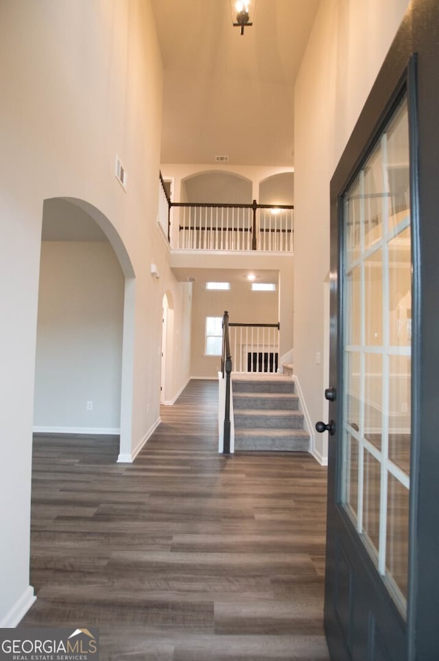 foyer featuring a towering ceiling and dark hardwood / wood-style floors