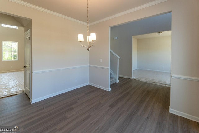 470 River Run Dr Unit 63, Dallas, GA 30132 - unfurnished dining area featuring stairs, a chandelier, dark wood-style flooring, baseboards, and crown molding