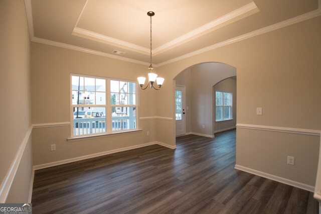 unfurnished dining area with a raised ceiling, plenty of natural light, and dark hardwood / wood-style floors