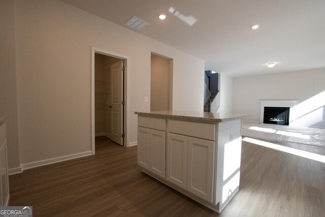 530 River Run Dr Unit 58, Dallas, GA 30132 - kitchen featuring dark wood finished floors, white cabinetry, a fireplace, light stone countertops, and baseboards