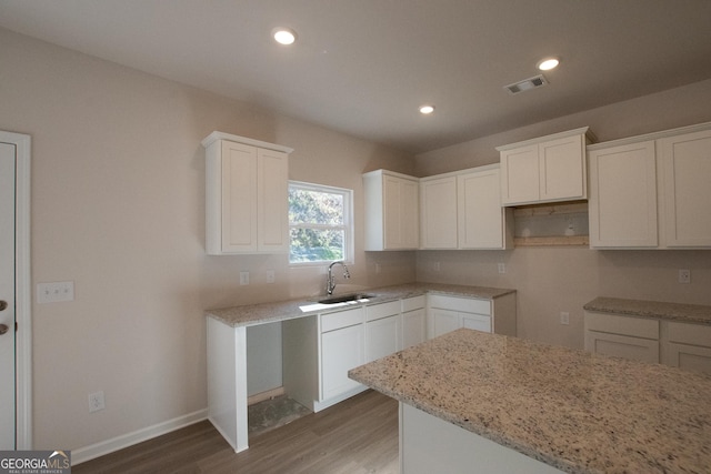 530 River Run Dr Unit 58, Dallas, GA 30132 - kitchen featuring a sink, light wood-style floors, light stone countertops, white cabinets, and recessed lighting