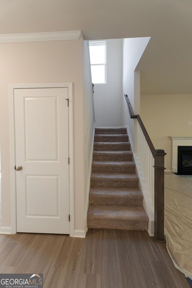 530 River Run Dr Unit 58, Dallas, GA 30132 - staircase featuring wood finished floors, baseboards, ornamental molding, and a fireplace with flush hearth