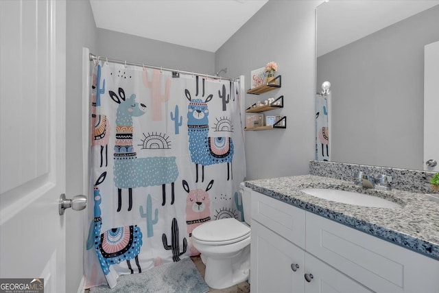 bathroom featuring walk in shower, vanity, and toilet