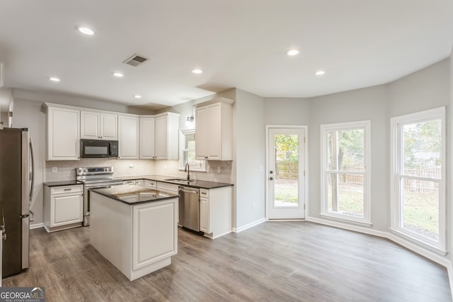 kitchen featuring light wood-type flooring, appliances with stainless steel finishes, and plenty of natural light