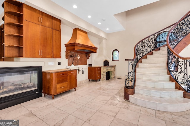 kitchen with a fireplace