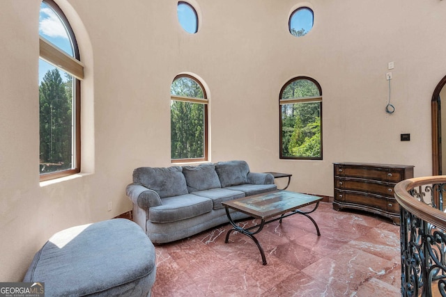 living room featuring a high ceiling and a wealth of natural light