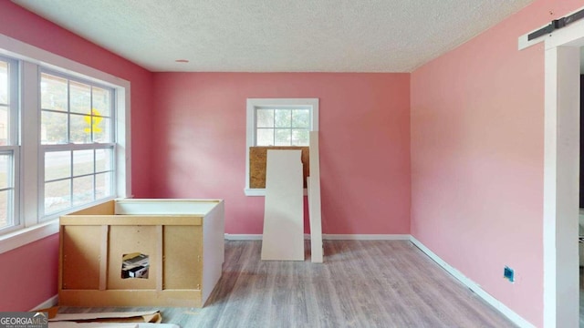 unfurnished office featuring a barn door, light hardwood / wood-style flooring, and a textured ceiling