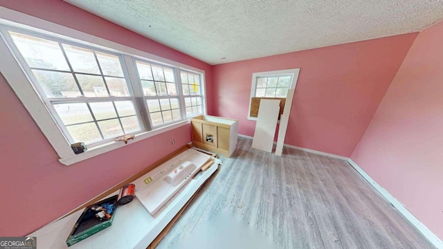 interior space featuring light hardwood / wood-style floors and a textured ceiling