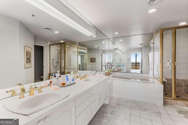 full bathroom with vanity, tile patterned floors, toilet, and independent shower and bath