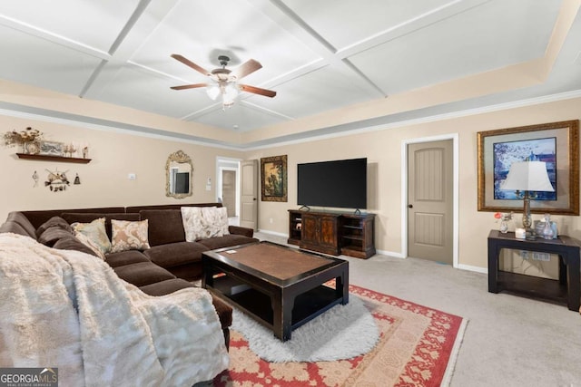 living room with light carpet, ceiling fan, crown molding, and coffered ceiling