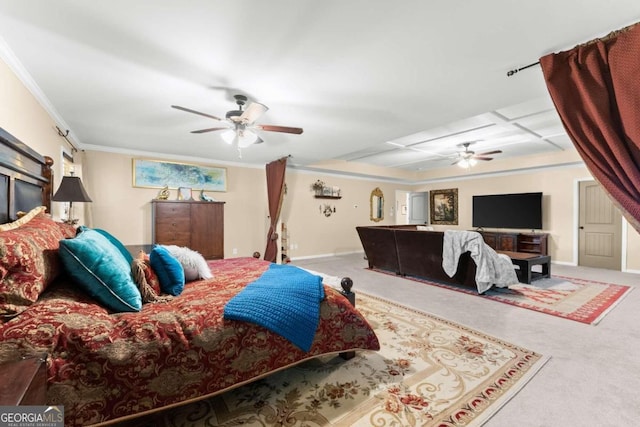 carpeted bedroom with baseboards, ceiling fan, and crown molding