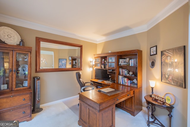 office area featuring light carpet and crown molding