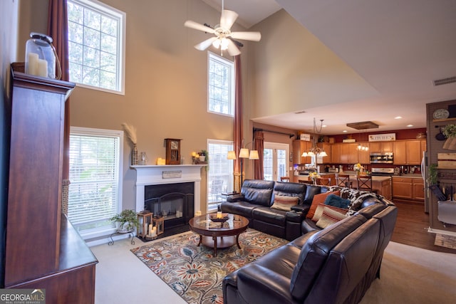 living room featuring a high ceiling, plenty of natural light, and hardwood / wood-style floors