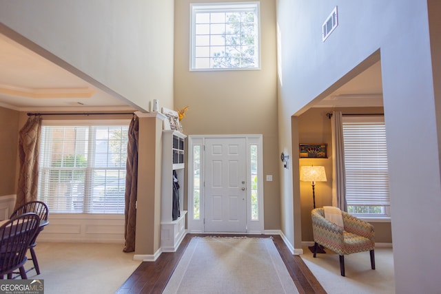 foyer entrance with crown molding, a raised ceiling, a high ceiling, and hardwood / wood-style floors