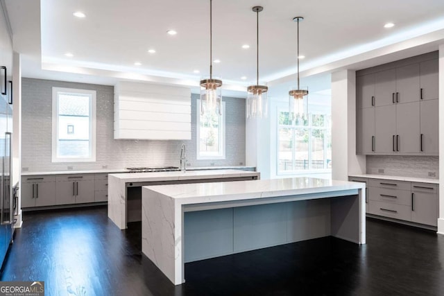 kitchen featuring dark wood-type flooring, a wealth of natural light, gray cabinetry, and a kitchen island with sink