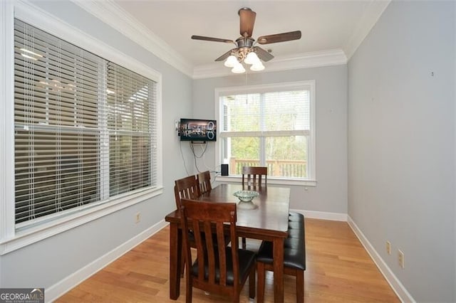 dining room with light hardwood / wood-style floors, ornamental molding, and ceiling fan