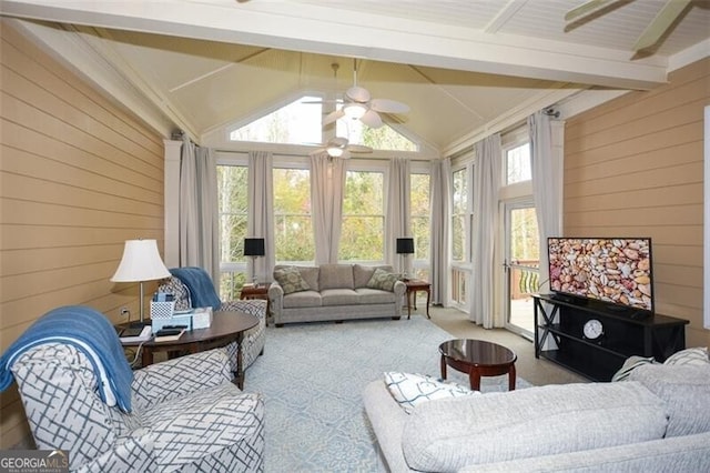 sunroom / solarium with vaulted ceiling with beams and ceiling fan