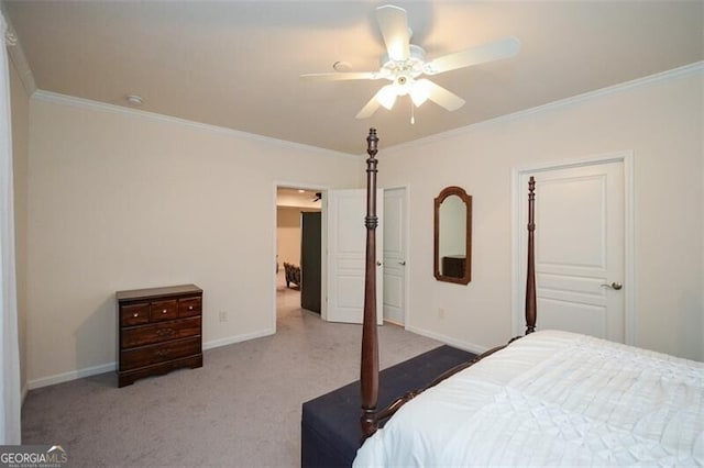 bedroom with ornamental molding, carpet flooring, and ceiling fan