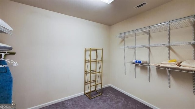 walk in closet with dark carpet