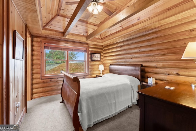 bedroom featuring light carpet, log walls, wooden ceiling, and beamed ceiling