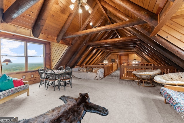 bedroom featuring wooden ceiling, wood walls, lofted ceiling with beams, and carpet floors