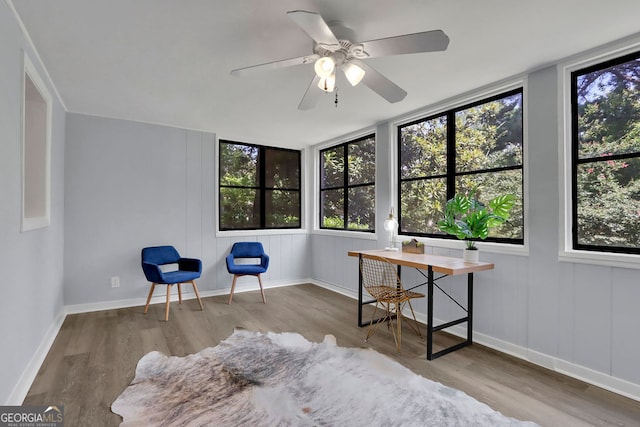 sitting room featuring light hardwood / wood-style flooring and ceiling fan