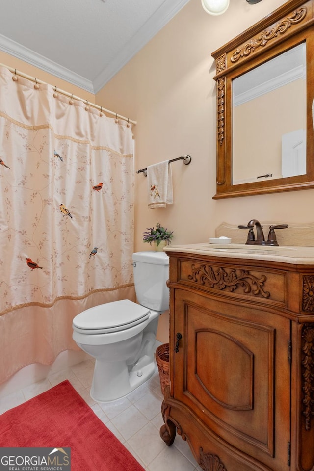 full bathroom with toilet, ornamental molding, vanity, a shower with curtain, and tile patterned floors