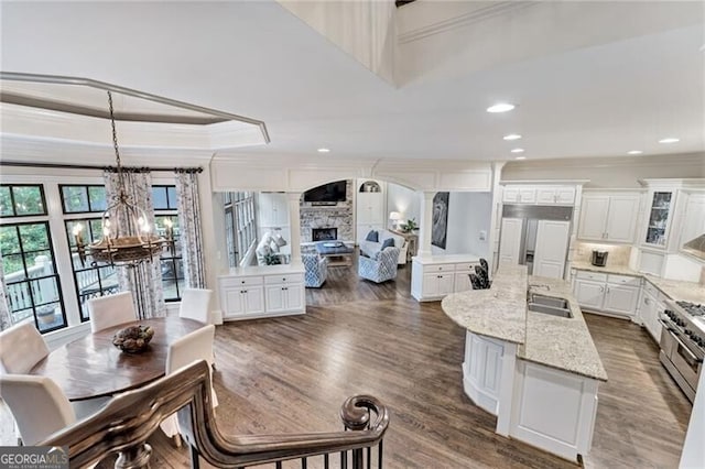 kitchen with light stone counters, ornamental molding, premium appliances, dark hardwood / wood-style flooring, and white cabinets