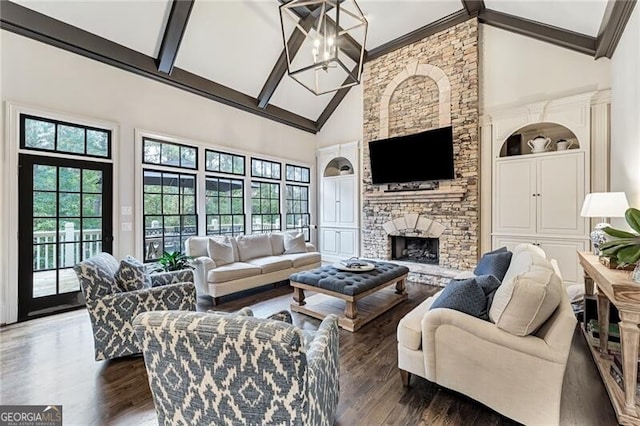 living room featuring high vaulted ceiling, a fireplace, dark hardwood / wood-style floors, and beam ceiling