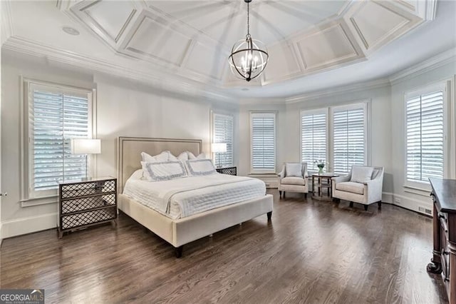 bedroom featuring multiple windows, dark hardwood / wood-style flooring, and coffered ceiling