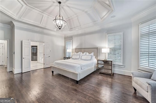 bedroom featuring dark wood-type flooring, coffered ceiling, ornamental molding, and a notable chandelier