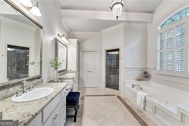 bathroom with tile patterned flooring, vanity, shower with separate bathtub, and crown molding