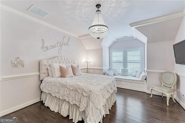 bedroom with ornamental molding, lofted ceiling, dark hardwood / wood-style floors, and an inviting chandelier