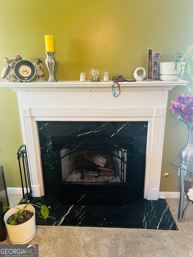 interior details featuring carpet flooring and a high end fireplace