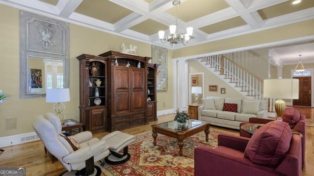 living room with beamed ceiling, hardwood / wood-style floors, and coffered ceiling