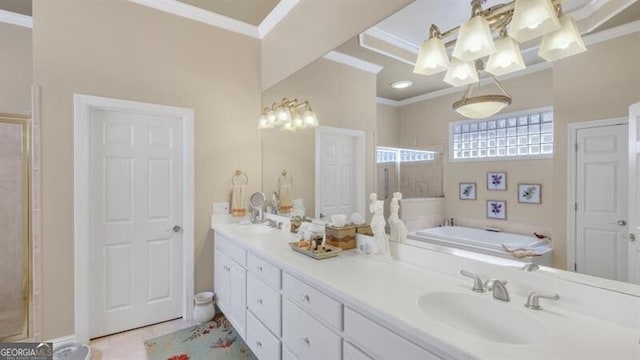 bathroom with vanity, tile patterned floors, and ornamental molding