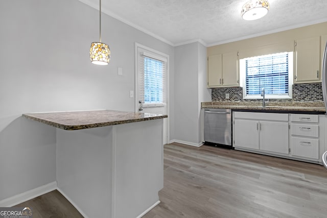 kitchen with white cabinetry, a healthy amount of sunlight, dishwasher, and pendant lighting