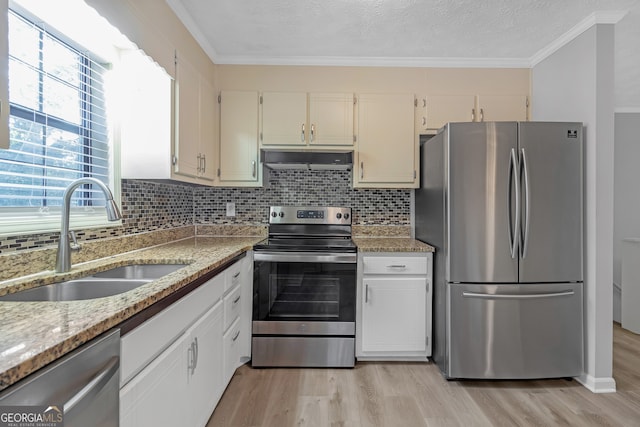 kitchen featuring light hardwood / wood-style floors, stainless steel appliances, sink, and light stone counters