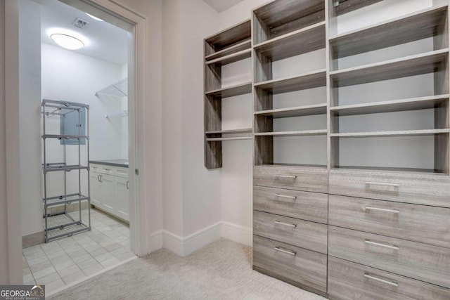 spacious closet featuring light carpet