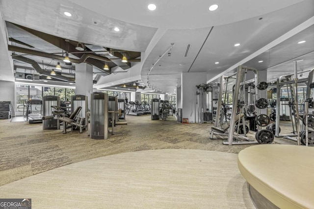 workout area featuring carpet flooring