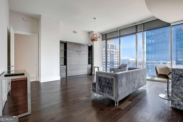 living room featuring expansive windows and dark hardwood / wood-style floors